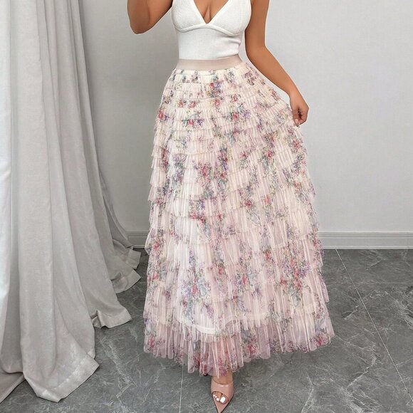 Multicolor Boho Women's Romantic Floral Mesh Skirt - Picture 5 of 8